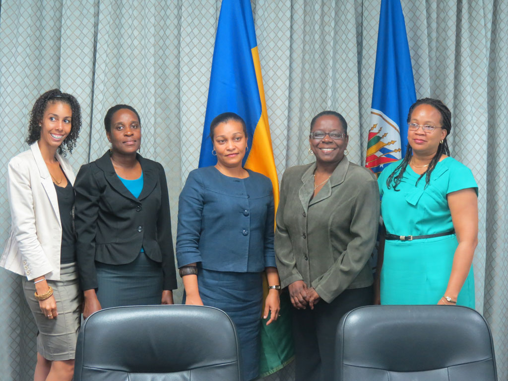 L-R: Jay Belmar, Communications Manager, Ministry of Tourism; Racquel Hamlet, Tourism Planner, Ministry of Tourism; Laverne Grant, Permanent Secretary, Ministry of Tourism, Laura Anthony-Browne, Director of Central Planning and Melene Glynn, OAS Representative at Signing Ceremony for OAS-funded Craft Enhancement project(April 24, 2014)